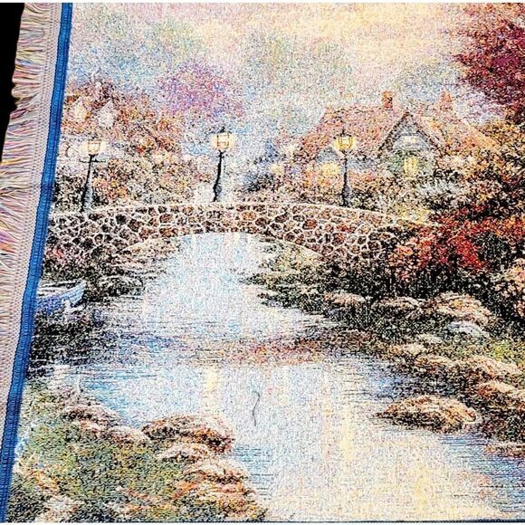 Thomas Kinkade Tapestry Throw Blanket Lamplight Bridge Painter of Light USA Made - Picture 6 of 8